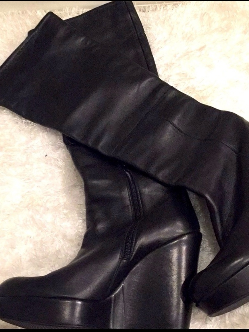 Stuart Weitzman Black Leather Wedge Knee-High Booties